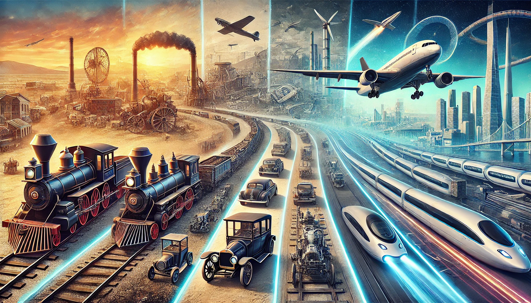 DALL·E 2024-08-03 14.12.55 - A detailed image showcasing the evolution in transport, from the invention of trains to planes and beyond. The scene features a timeline-like progress