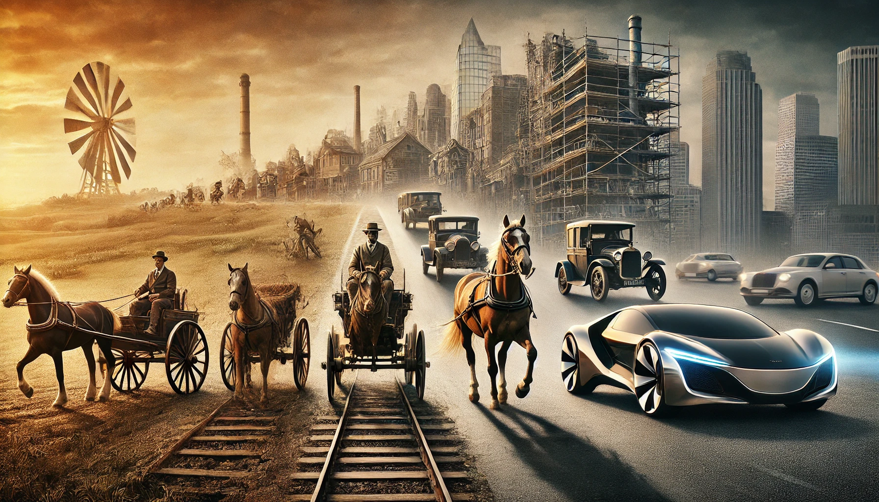 DALL·E 2024-08-03 14.12.35 - A detailed image showcasing the significant evolution from horses and wheels to modern cars. The scene features a timeline-like progression from left