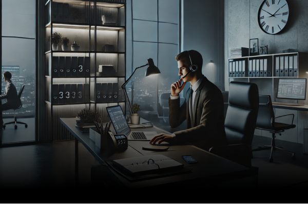 A realistic image of a modern personal assistant workspace. The scene features a sleek, dimly-lit office environment with a single desk setup.